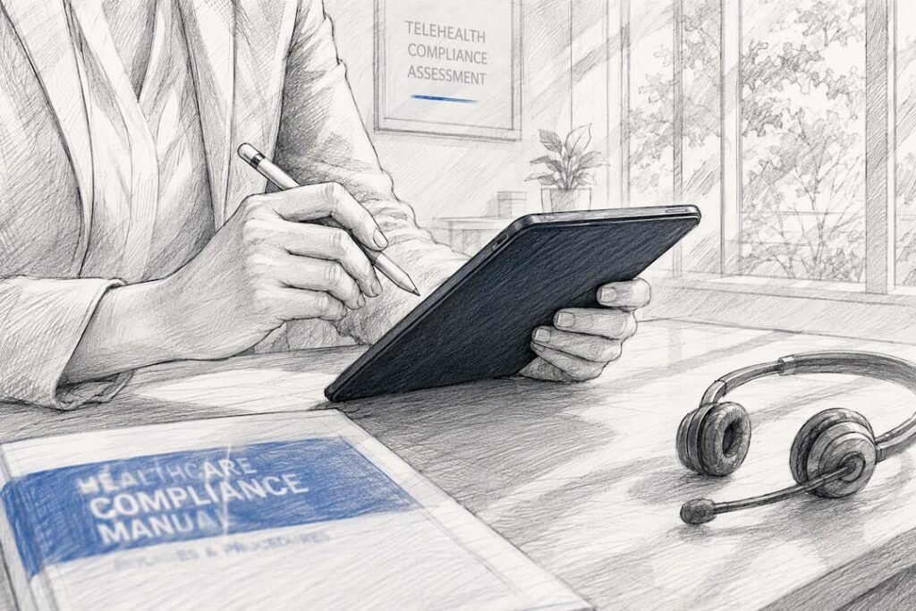 Hands using stylus on tablet in compliance setting